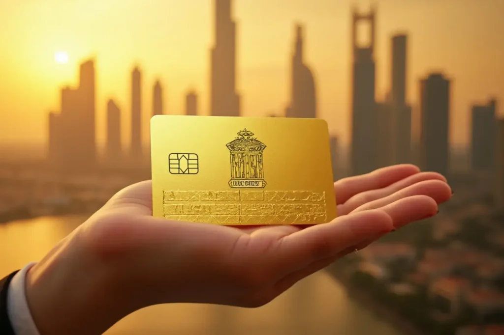 Visa-dubai-investissement-immo-main- carte visa en or avec dubai en arrière plan