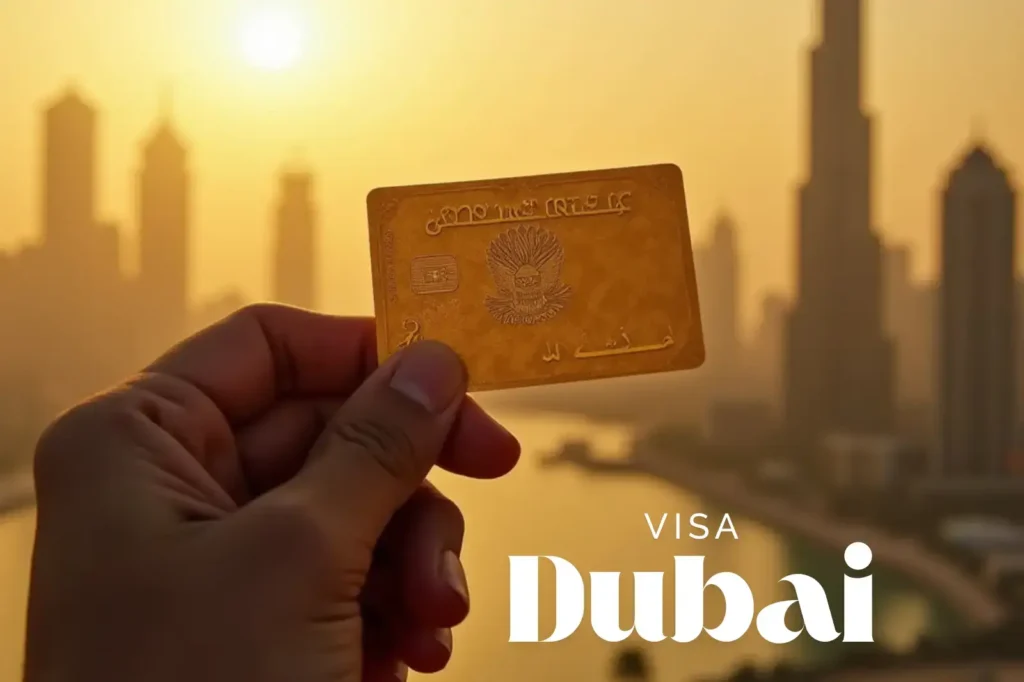 Visa-dubai-investissement-immo-main-tient-une-carte-visa-en-or-avec-dubai-en-arriA¨re-plan